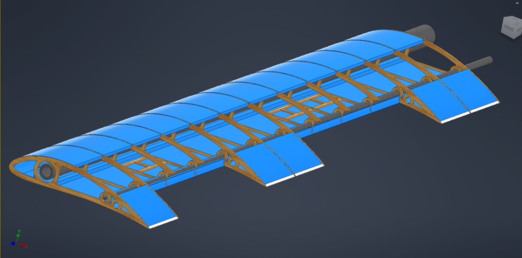 CAD render of the AVDASI wing assembly with ribs, spar and skin
